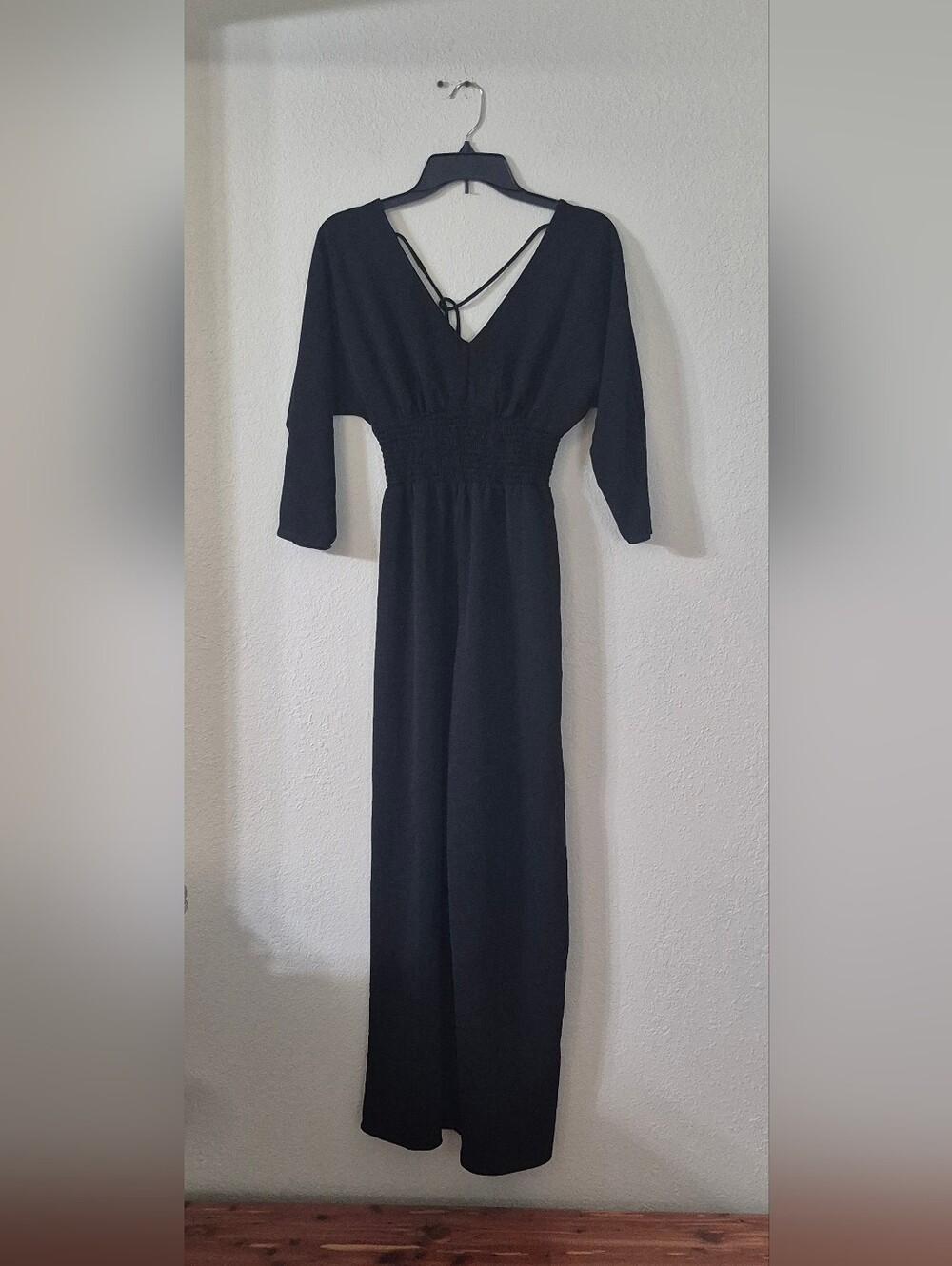 BeBop Black V-Neck Long Jumpsuit with Smocked Waist and Back Strap